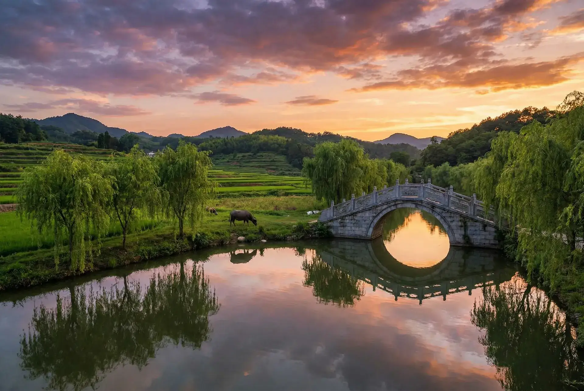 夕阳下的石拱桥与垂柳，水牛在河边吃草 - 妈妈的职业观看 乡村美景